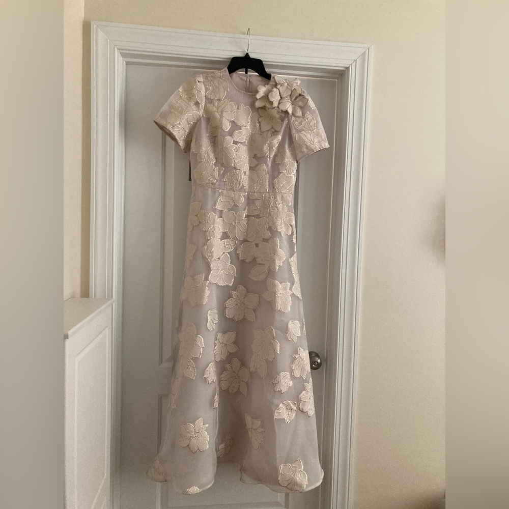 Rickie Freeman for Teri Jon Ivory Floral Maxi Dress with Gold edges size 8 New - Picture 11 of 12